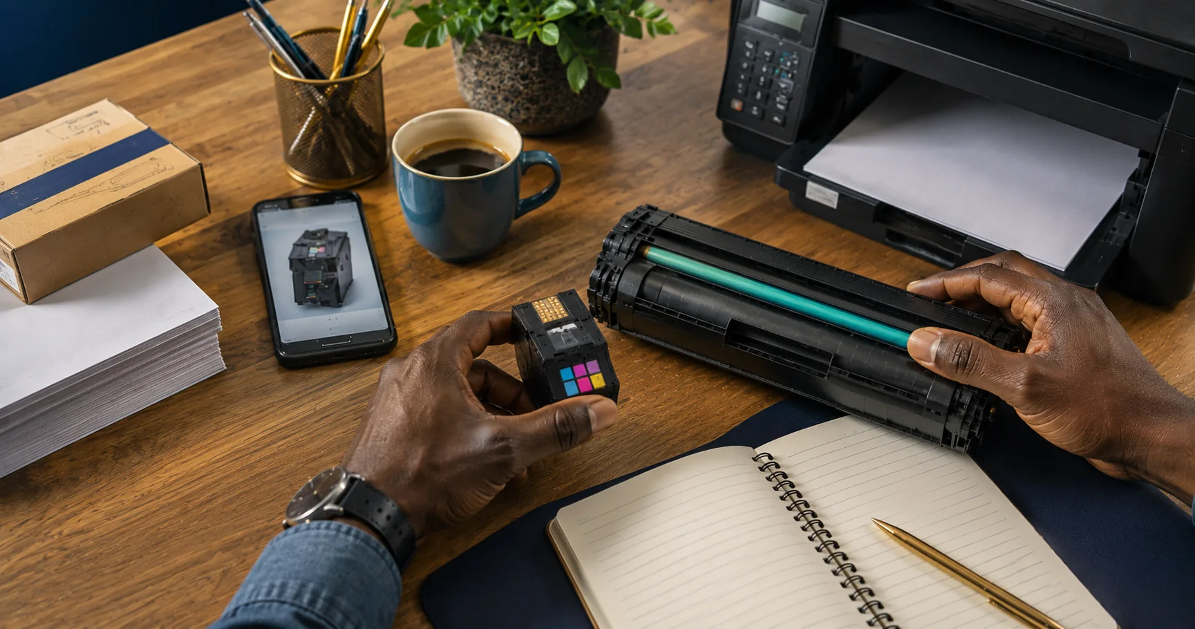 Ink and toner supplies arranged on a work desk