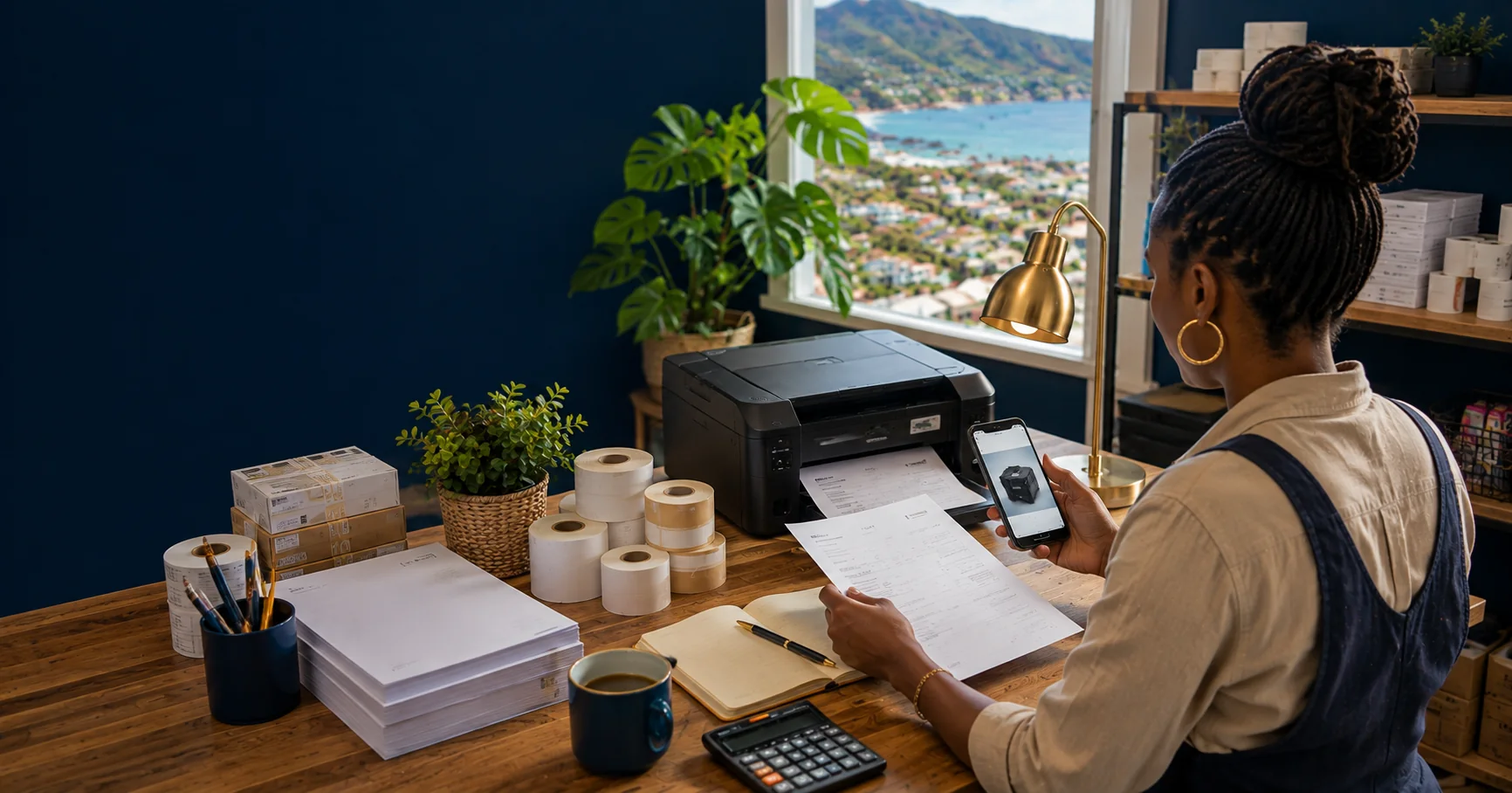 A small-business printing desk in Fish Hoek
